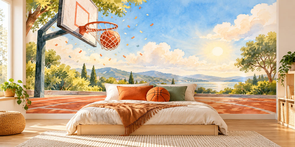Watercolor Swish Hoop Basketball Wall Mural, image 1