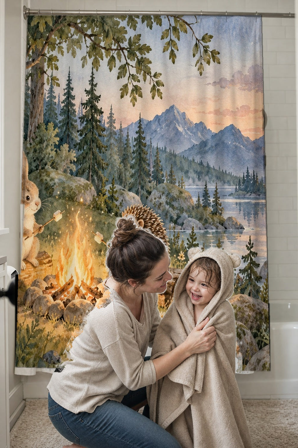 Campfire Friends Camping shower curtain, full front view of the 71 x 74 in fabric curtain