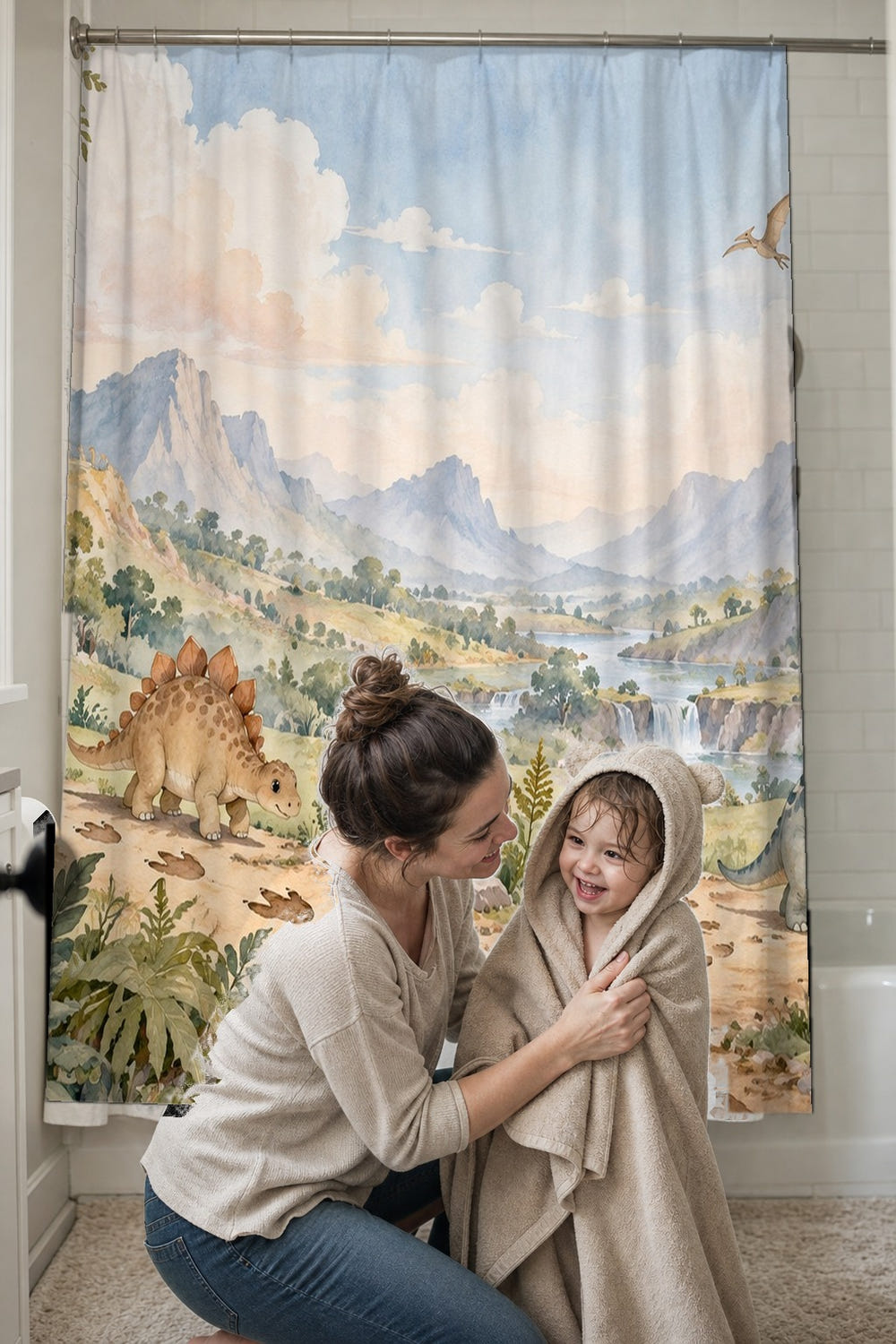 Footprint Valley Dinosaur shower curtain, full front view of the 71 x 74 in fabric curtain