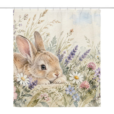Lavender Bunny shower curtain, full front view of the 71 x 74 in fabric curtain