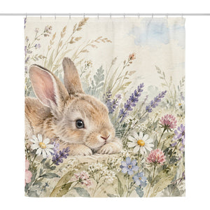 Lavender Bunny shower curtain, full front view of the 71 x 74 in fabric curtain