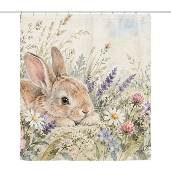 Lavender Bunny shower curtain, full front view of the 71 x 74 in fabric curtain