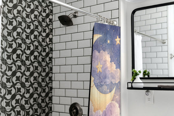 Twilight Moon Hot Air Balloon shower curtain in a modern farmhouse bathroom with subway tile