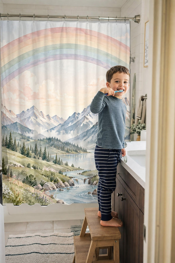 Child brushing teeth in a family bathroom with the Mountain River Rainbow shower curtain