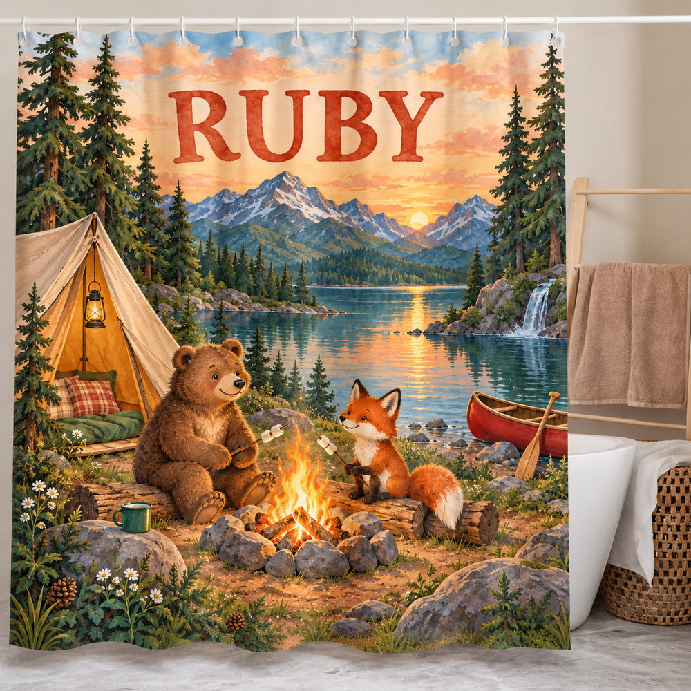 Personalized camping bear and fox kids shower curtain with the name Ruby