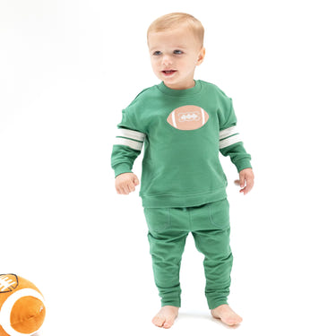 Cozy green drop sleeve sweatshirt with varsity stripes for babies, perfect for stylish comfort.