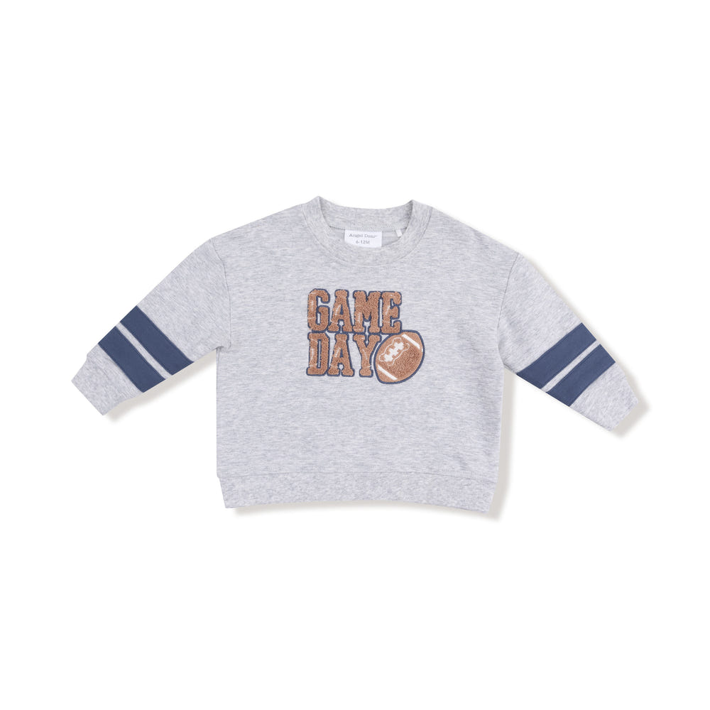 Light grey cozy drop sleeve sweatshirt with varsity stripes for babies, perfect for stylish comfort.