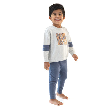 Light grey cozy drop sleeve sweatshirt with varsity stripes for babies, perfect for stylish comfort.