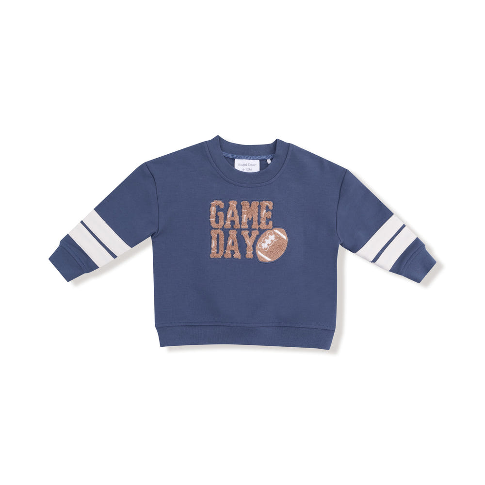 Cozy vintage indigo drop sleeve sweatshirt with varsity stripes for babies. Perfect for stylish comfort.