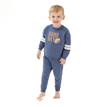 Cozy vintage indigo drop sleeve sweatshirt with varsity stripes for babies. Perfect for stylish comfort.