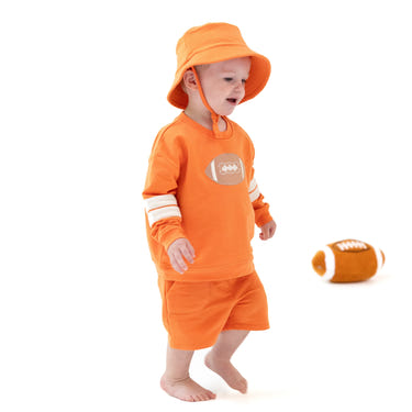 Cozy orange drop sleeve sweatshirt with varsity stripes for babies, perfect for stylish comfort.
