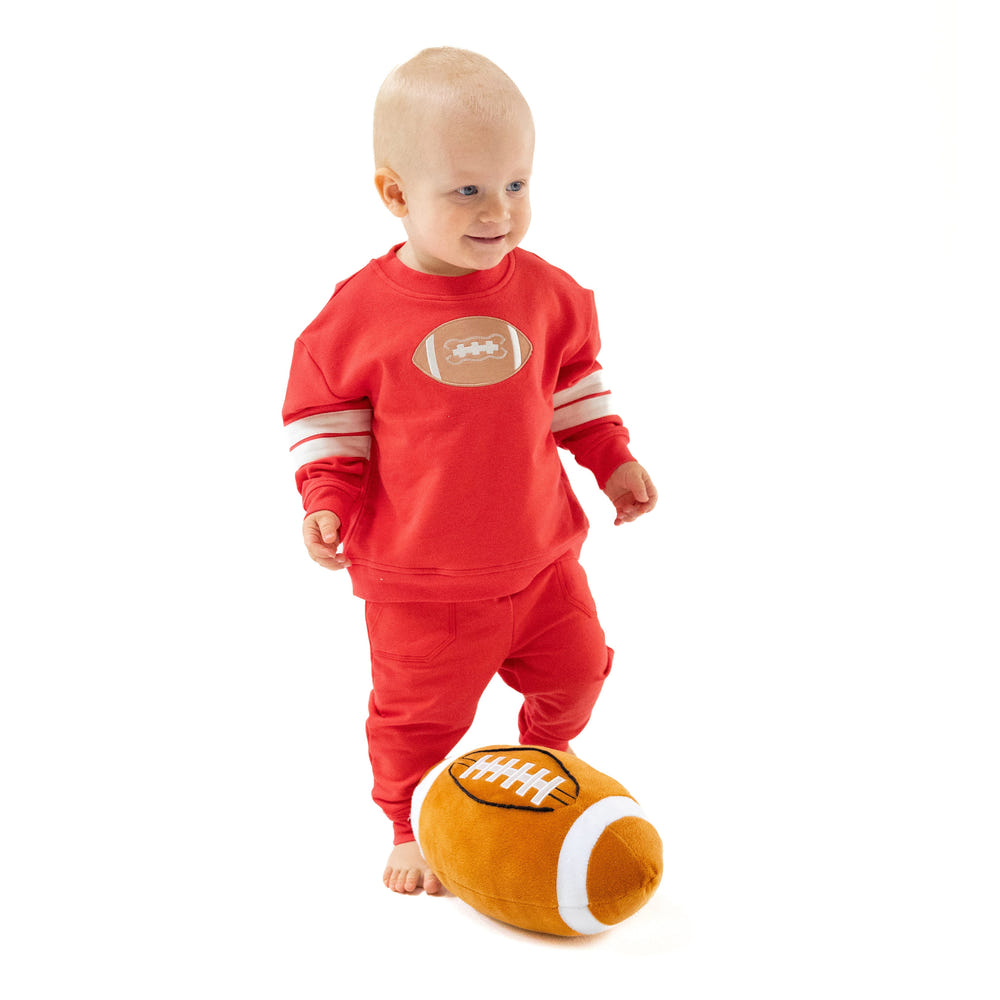 Cozy red drop sleeve sweatshirt with varsity stripes for babies, perfect for stylish comfort.