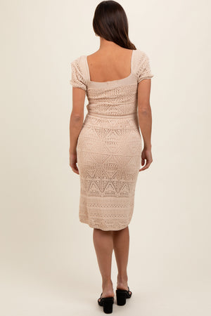 Beige Crochet Square Neck Short Sleeve Maternity Dress