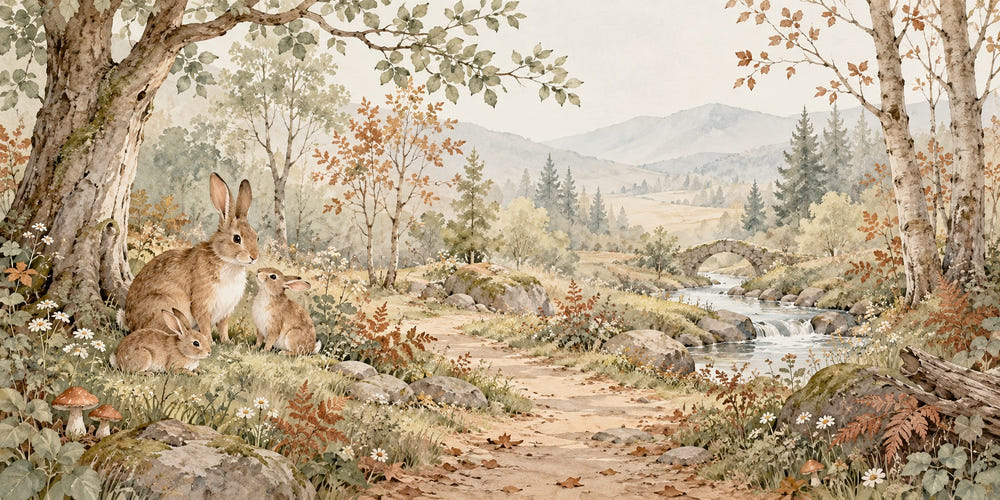 Watercolor Bunny Forest Path Wall Mural, image 1