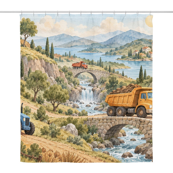 Vehicle Landscape shower curtain, full front view of the 71 x 74 in fabric curtain