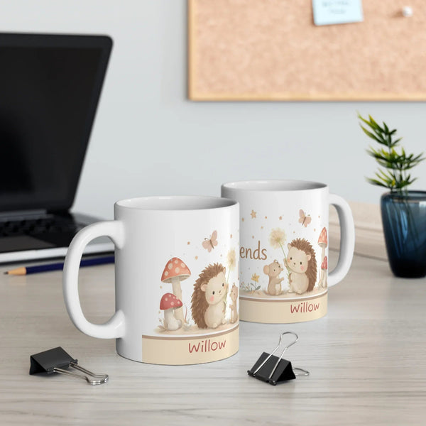 Little Friends Mug, Cute Woodland Animals Personalized Name Chocolate, Coffee Mug, Tea Cup — 11oz Mug