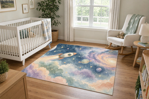 Rocket Journey area rug in a calm nursery with a white crib