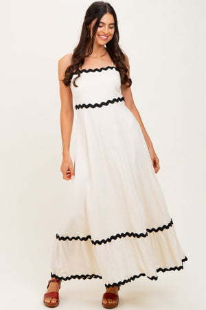 Beige colorblock trim maternity midi dress, stylish and comfortable for expectant mothers, shown at angle 6.