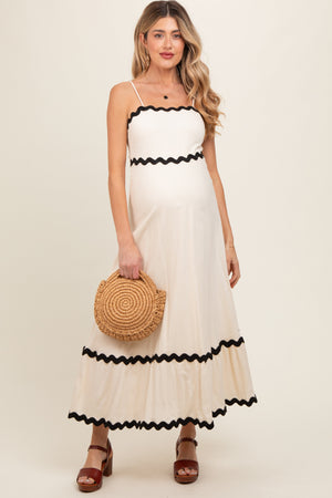 Beige colorblock trim maternity midi dress for stylish and comfortable wear during pregnancy.