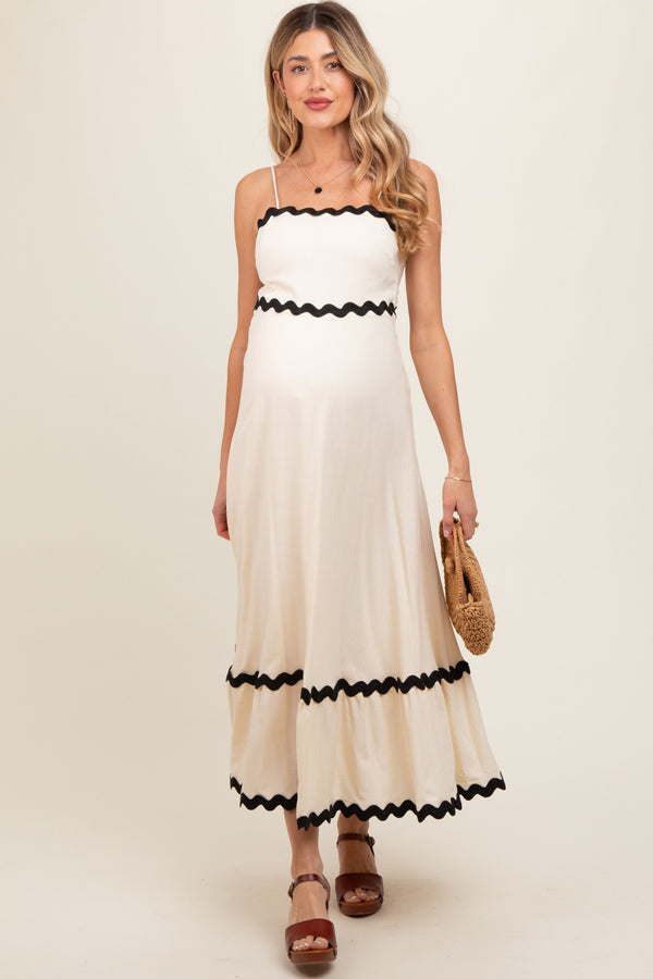 Beige colorblock trim maternity midi dress, stylish and comfortable for expecting mothers, shown from angle 2.