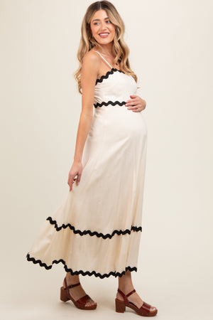 Beige colorblock trim maternity midi dress, stylish and comfortable for expecting mothers, shown from angle 4.