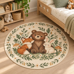 Round bear, fox and bunny rug beside a light oak toddler bed