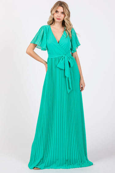 Aqua chiffon wrap front V-neck short sleeve pleated maxi dress for babies, perfect for special occasions.