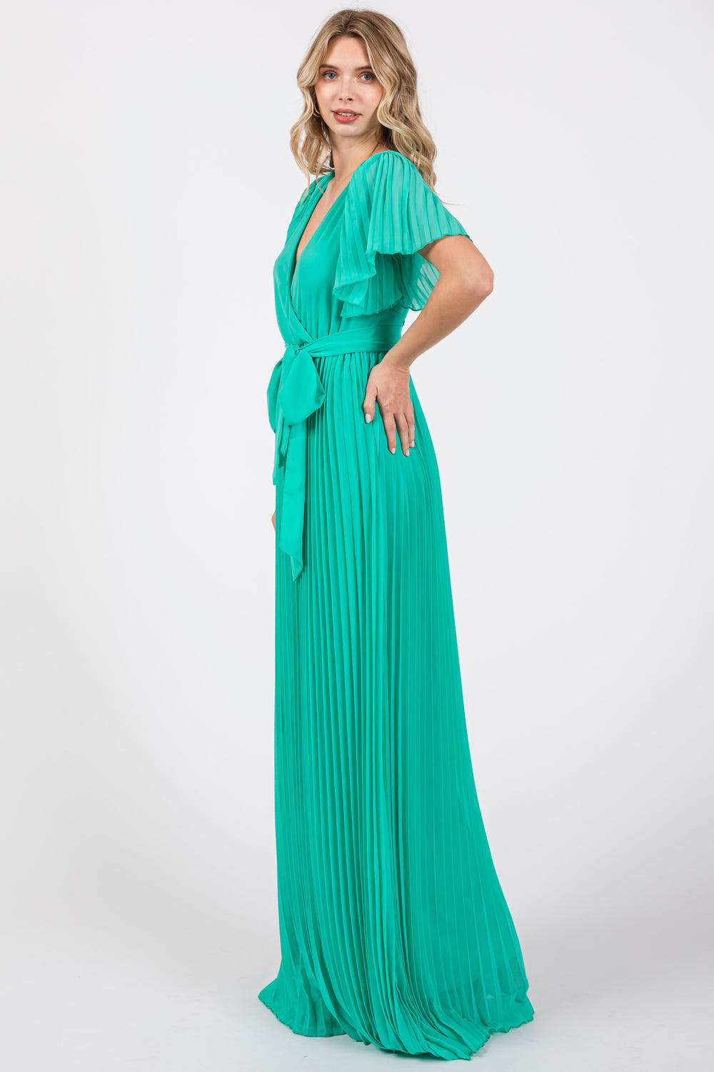 Aqua chiffon wrap front V-neck short sleeve pleated maxi dress for babies, perfect for special occasions.