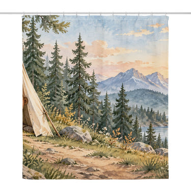 Bear Tent Sunrise Camping shower curtain, full front view of the 71 x 74 in fabric curtain