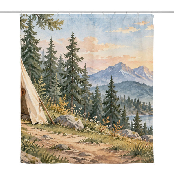 Bear Tent Sunrise Camping shower curtain, full front view of the 71 x 74 in fabric curtain