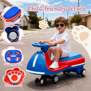 12V Electric Wiggle Ride On Car with dual motors and LED lights, angled view showcasing its fun design for kids.