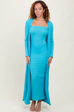 Aqua ribbed sleeveless dress cardigan maternity set for stylish and comfortable pregnancy wear.