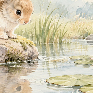 Quiet Garden Pond Bunny shower curtain, close up of the watercolor artwork