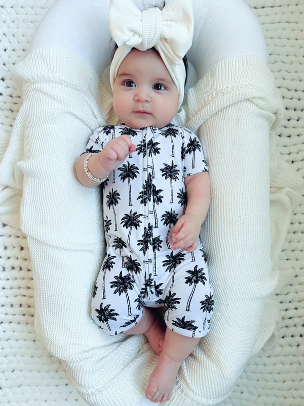 Bamboo Shorty Romper  | Palm Style White