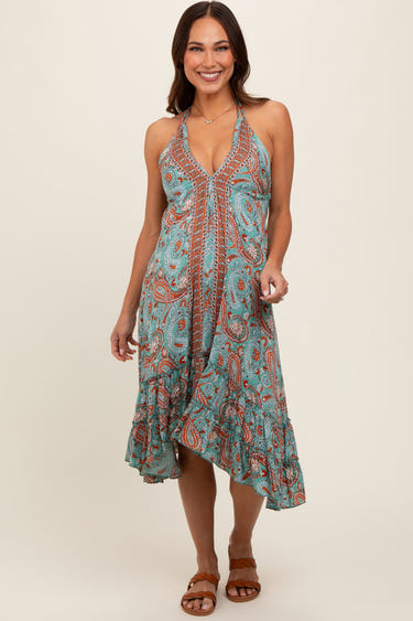 Aqua Floral Paisley Cut-Out Back Halter Maternity Dress for stylish and comfortable pregnancy wear.