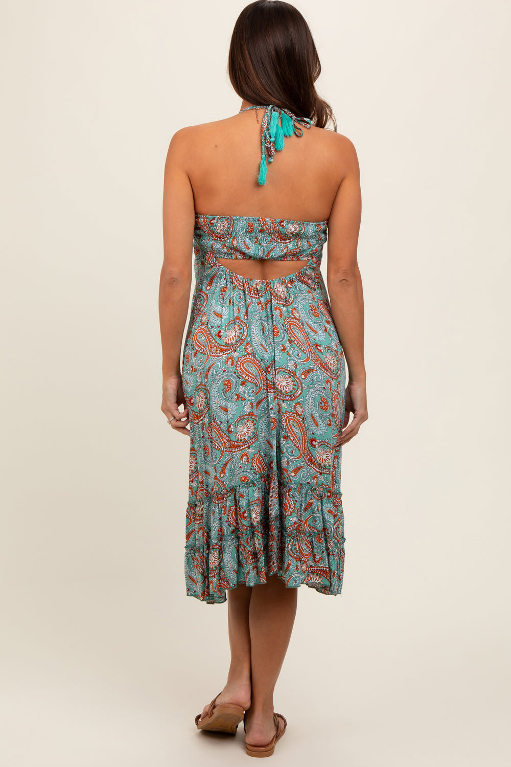Aqua Floral Paisley Cut-Out Back Halter Maternity Dress for stylish and comfortable pregnancy wear.