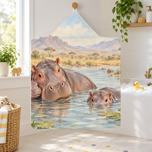 Hippo Family Safari kids hooded bath towel hanging in a kids bathroom