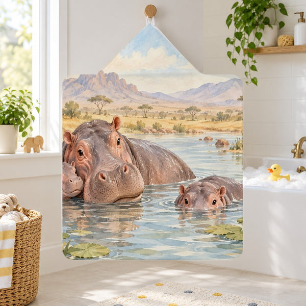 Hippo Family Safari kids hooded bath towel hanging in a kids bathroom