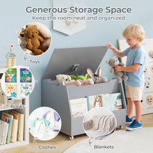 Wooden mobile toy storage organizer with bookshelf and lockable wheels, perfect for nursery bedding and sleep essentials.