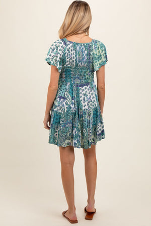 Aqua Floral Ruffle Sleeve Maternity Dress