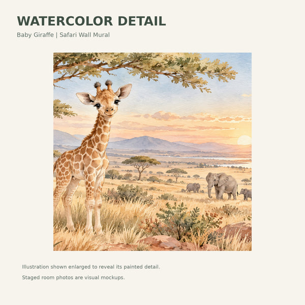 Watercolor Baby Giraffe Safari Wall Mural, image 4