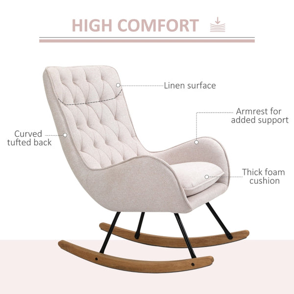 HOMCOM Mid-Century Fabric Nursery Rocker in Cream White