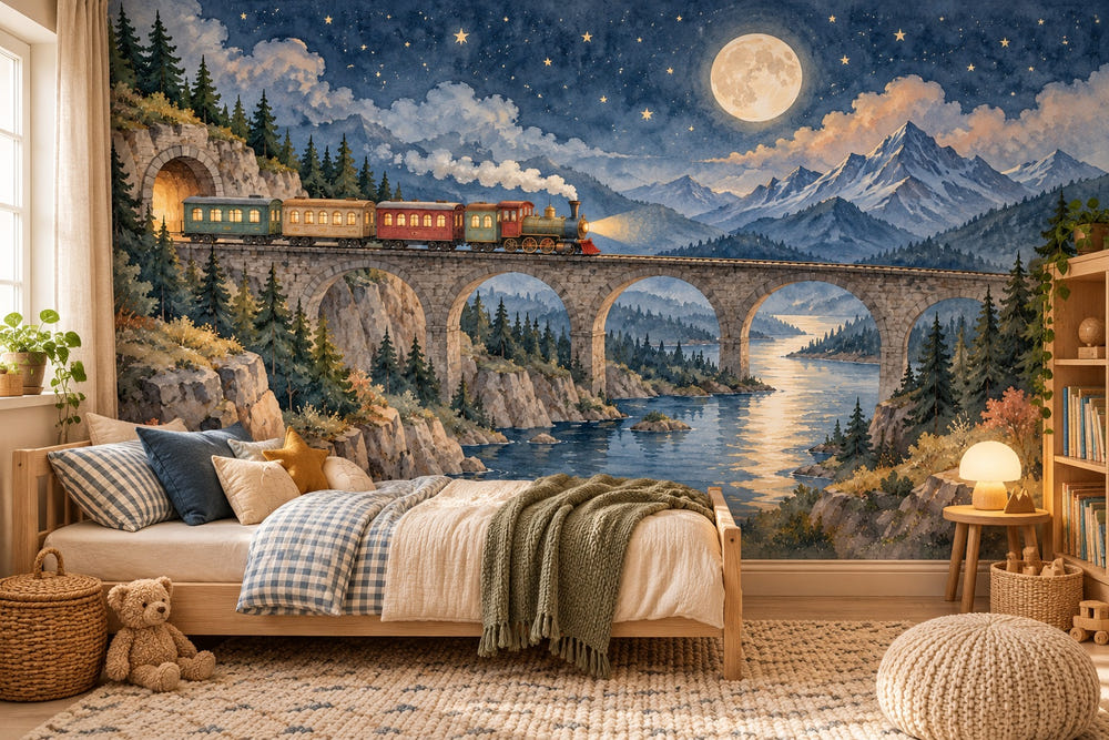 Watercolor Moonlit Train Wall Mural, image 1
