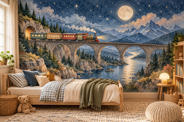 Watercolor Moonlit Train Wall Mural, image 2