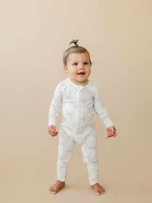Blue Belle Ribbed Bamboo Zippy Pajamas for babies, featuring a soft, breathable fabric in a stylish design.