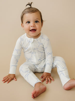 Blue Belle Ribbed Bamboo Zippy Pajamas for babies, soft and stylish, shown from angle 6. Perfect for cozy sleep.