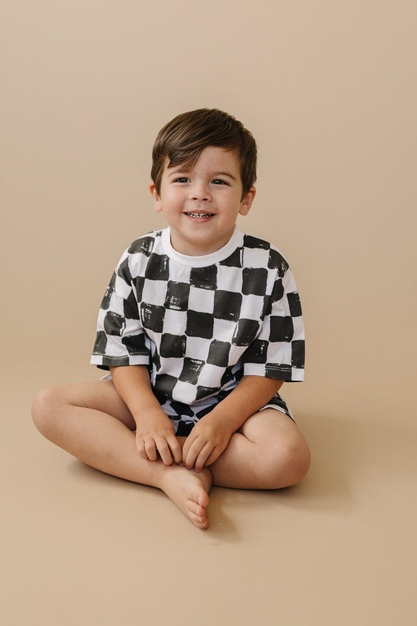 Organic Cotton Black & White Checkered Shorts Set