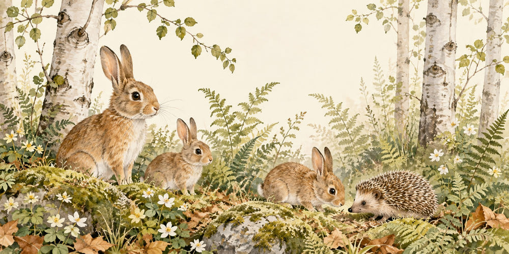 Watercolor Bunny and Hedgehog Wall Mural, image 1