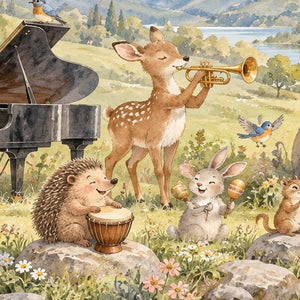Animal Music Festival shower curtain, close up of the watercolor artwork