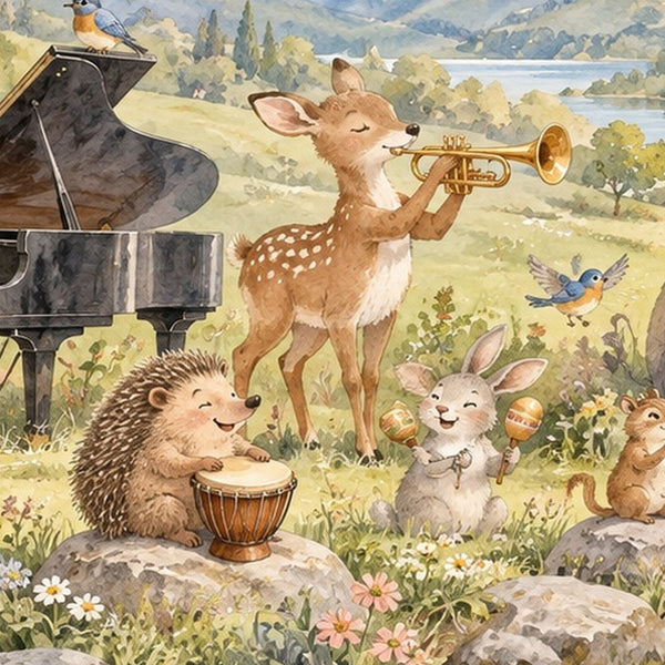 Animal Music Festival shower curtain, close up of the watercolor artwork